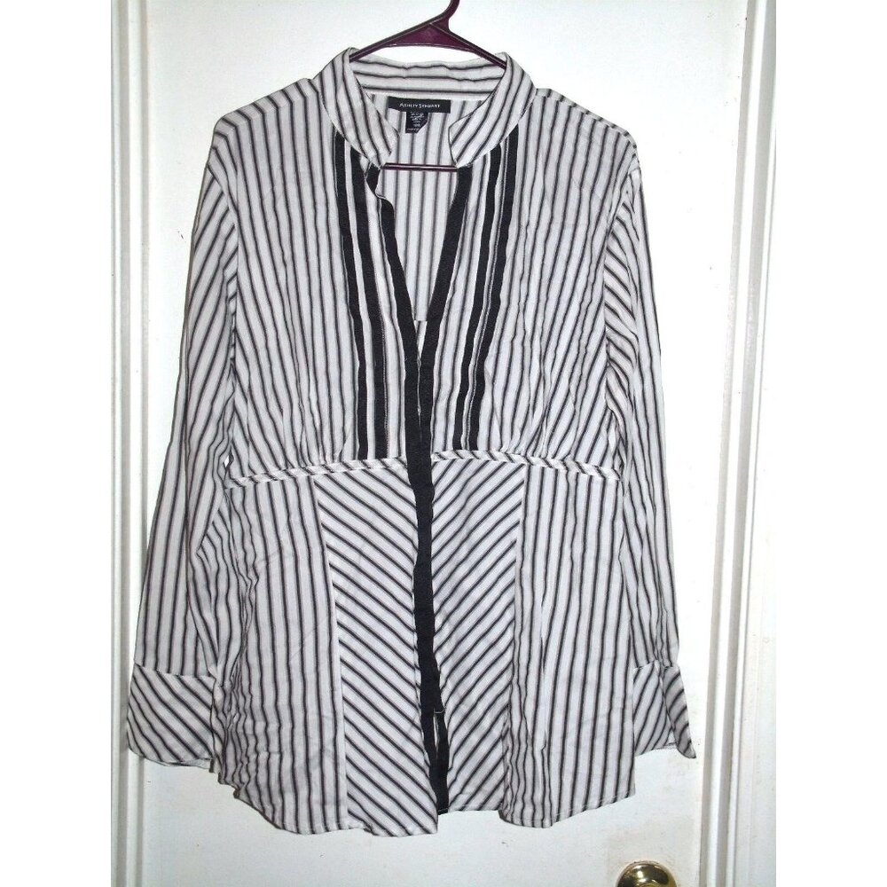 Ashley Stewart Black White Striped Long Sleeve Button Front Top 16W‎
